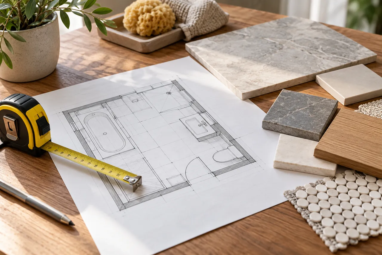 Acezanble bathroom measurement planning concept with tile samples