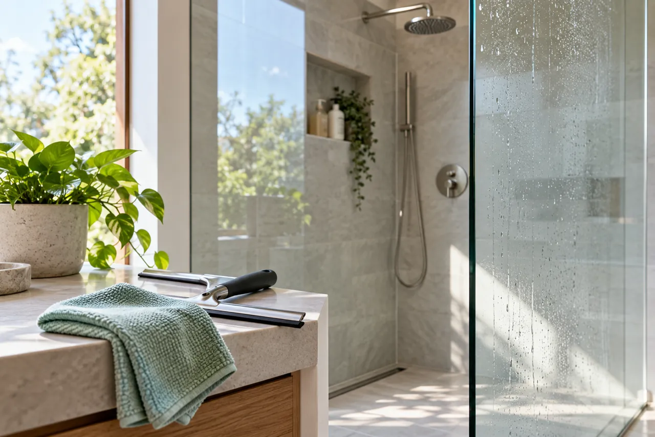 Acezanble shower care concept with a cloth and squeegee