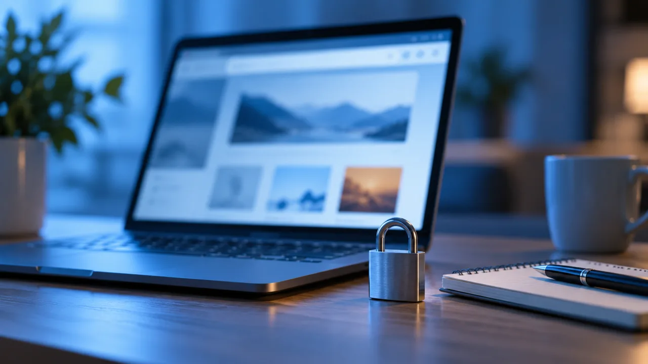 Laptop and padlock illustrating careful browsing in the ahoylist guide
