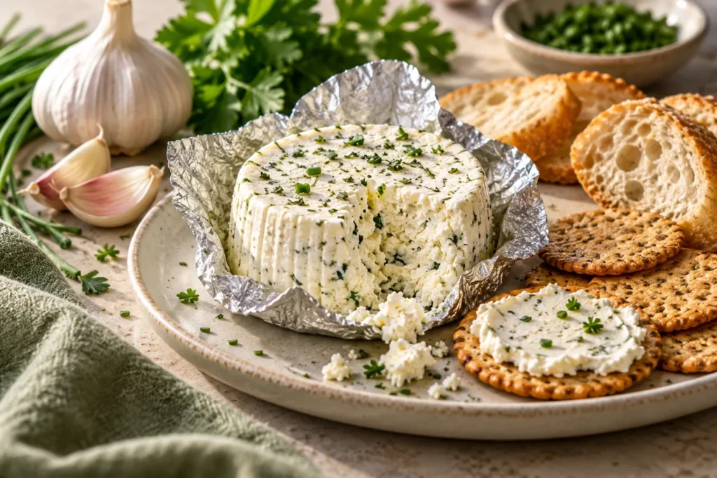 Boursin Cheese Guide: Ingredients, Serving Ideas and Storage Boursin cheese illustration with garlic herbs crackers and bread