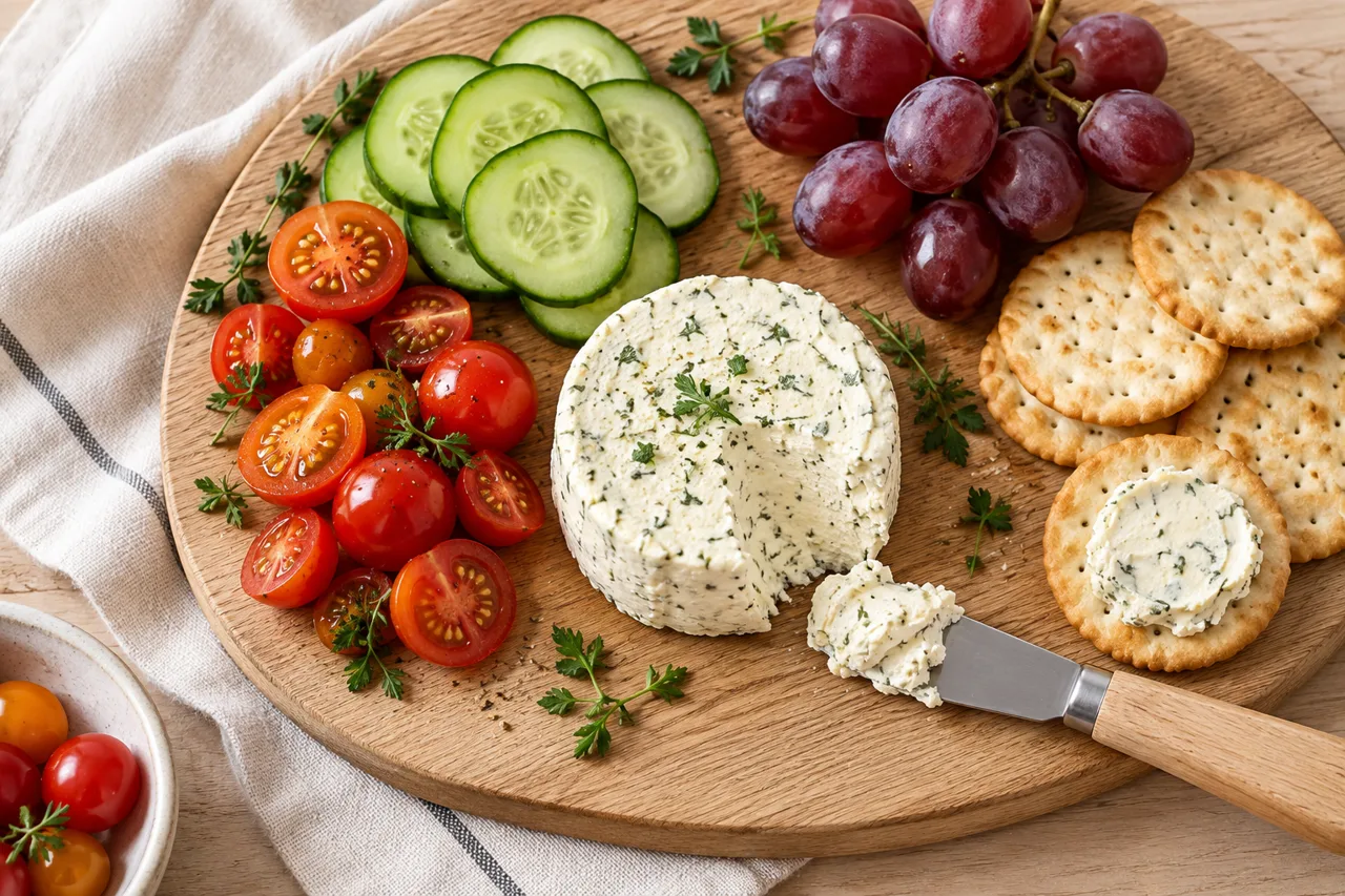 Boursin cheese serving board illustration with fresh accompaniments