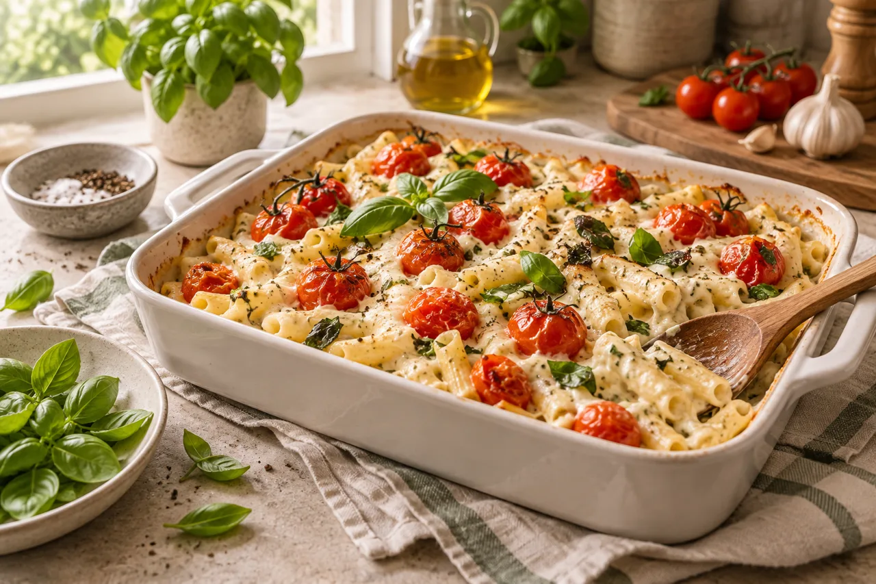 Boursin cheese pasta illustration with roasted tomatoes and basil