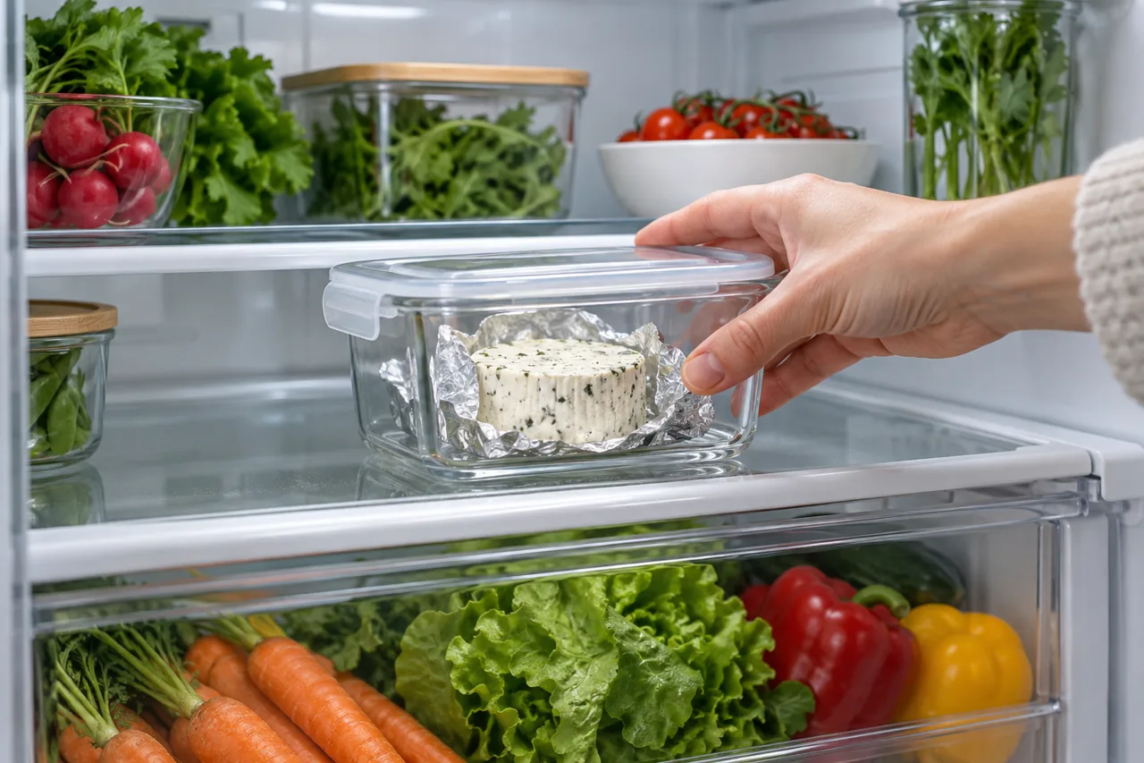 Boursin cheese storage illustration inside a refrigerator