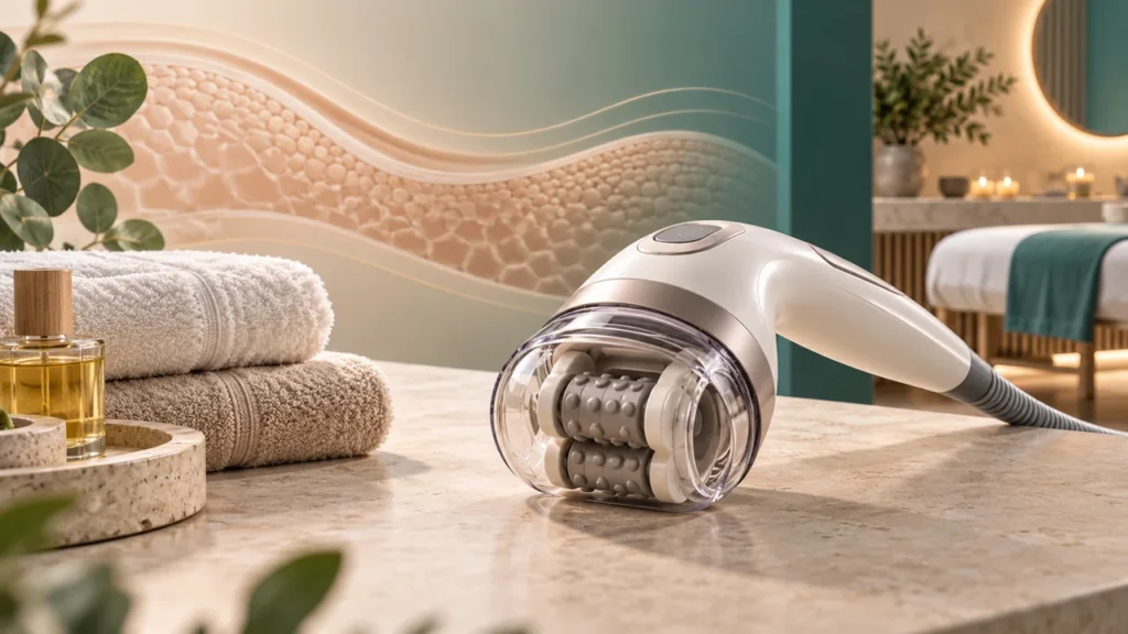 Cellulogia Explained: Vacuum Massage Evidence and Safety Cellulogia vacuum massage device in a calm wellness clinic illustration