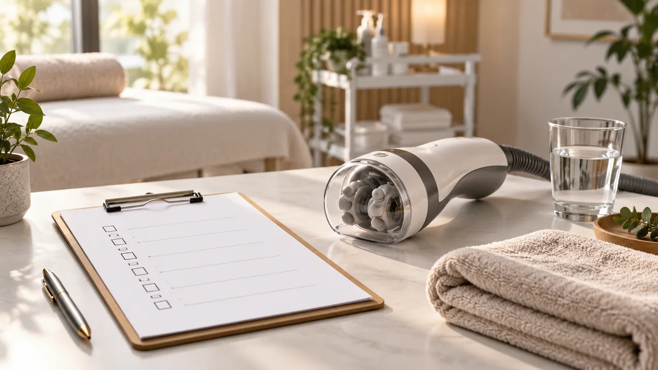 Cellulogia safety consultation checklist beside a vacuum massage device