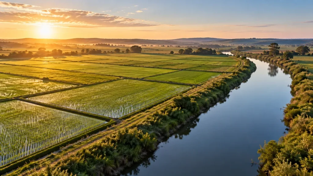 Comisaco: India Muerta Dam and Rice Irrigation in Uruguay Rice fields and irrigation canal concept for the comisaco guide
