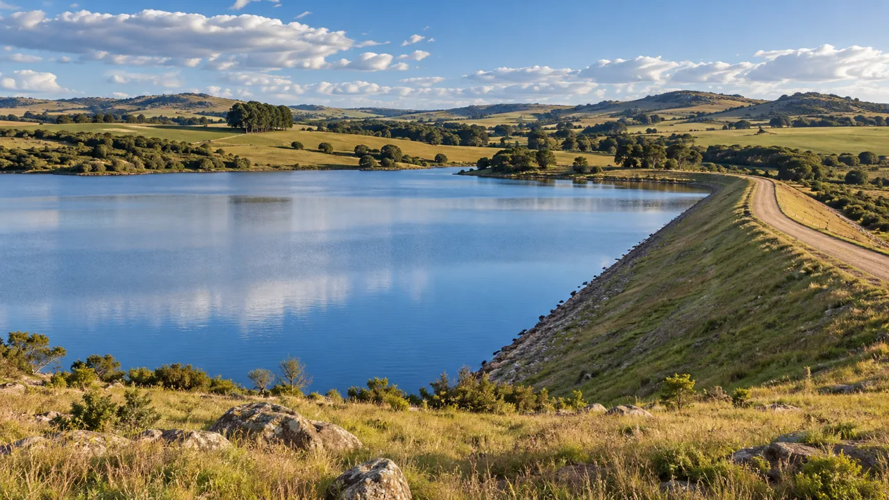 Reservoir and earthen dam concept illustrating comisaco irrigation infrastructure
