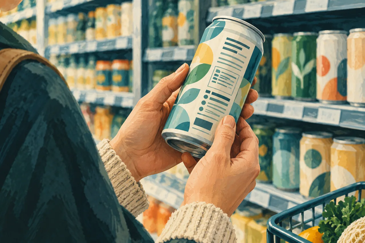 Shopper reading a beverage label illustration for beverage companies must remove energy drink labels within ninety days