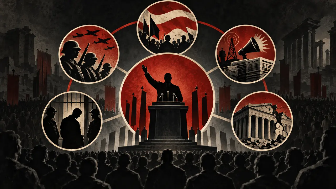 Fascisterne historical fascism characteristics educational illustration