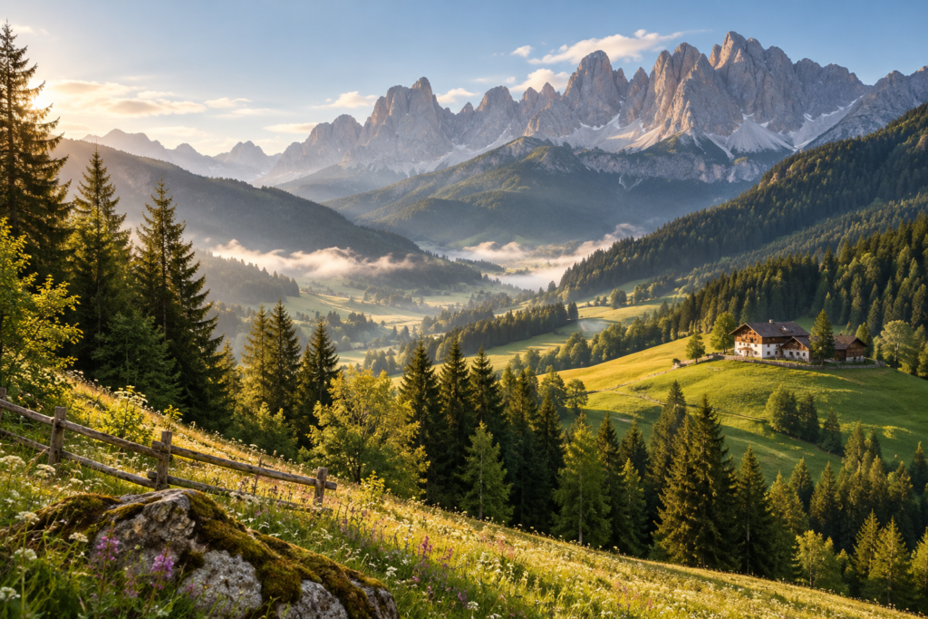 Illustration of an alpine farmhouse above a forested valley