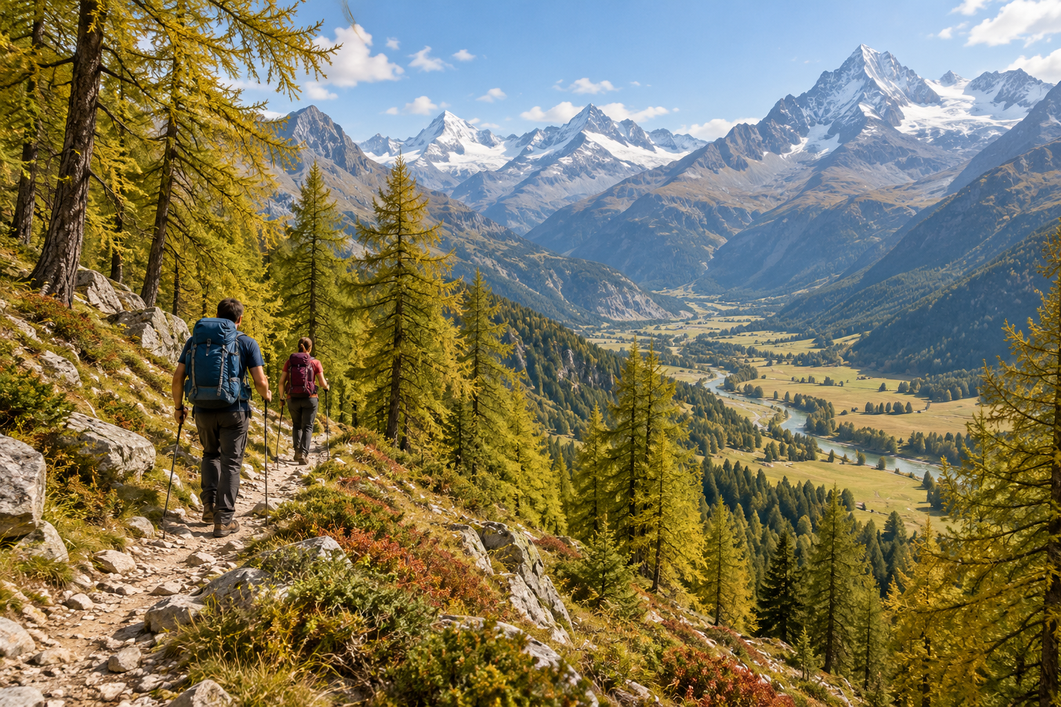 Illustration of hikers following a forest trail in alpine scenery