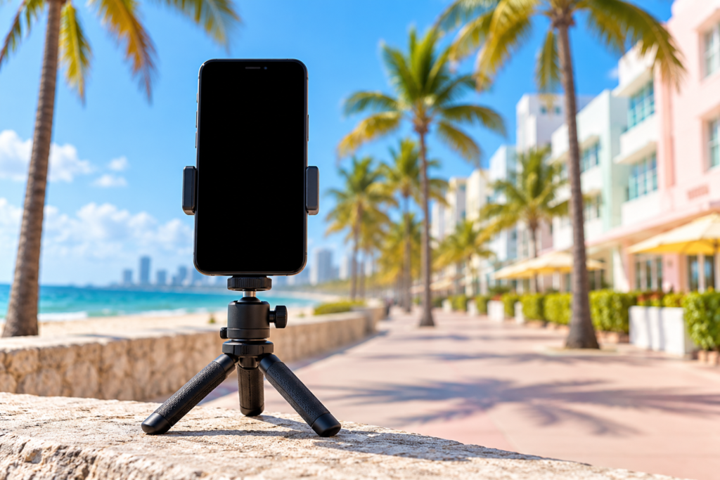 Realjuliandoesit: Public Profile, Videos and Verified Context Illustration of a phone on a tripod beside a palm-lined seaside promenade