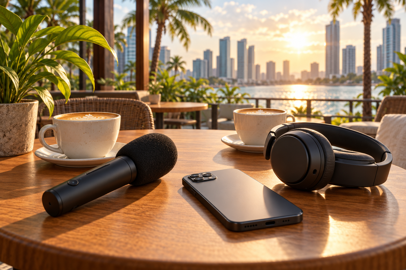 Short-form video recording tools Illustration of a microphone, phone and headphones on a cafe table