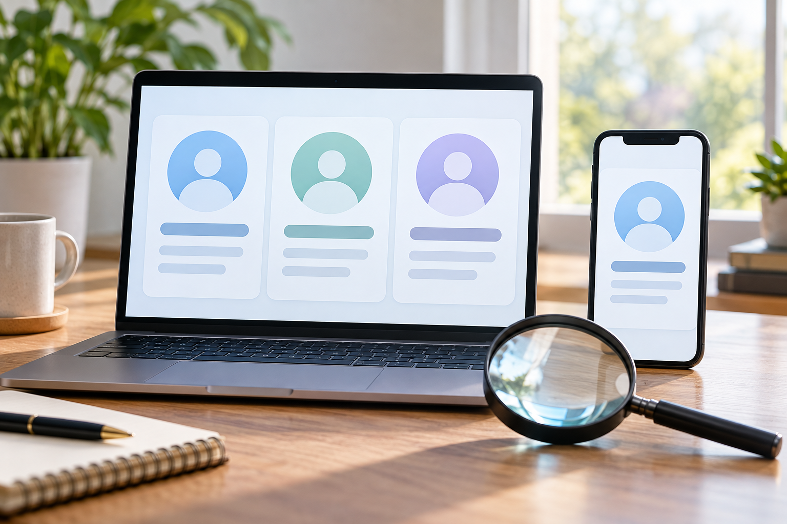 Checking a public creator profile Conceptual illustration of comparing social profile cards on a laptop and phone