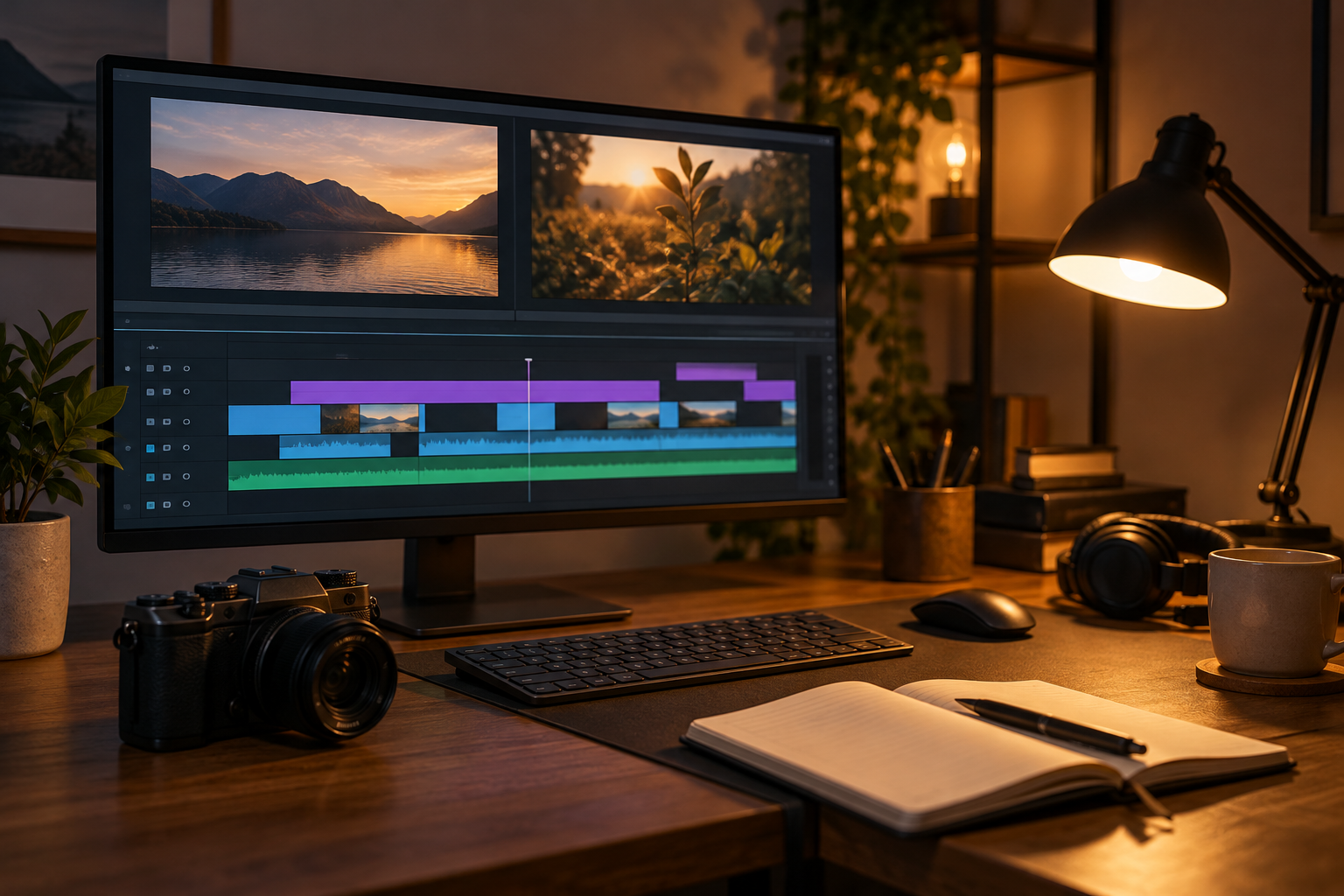 Short-form video editing illustration Illustration of a video editing desk with an abstract timeline on a monitor