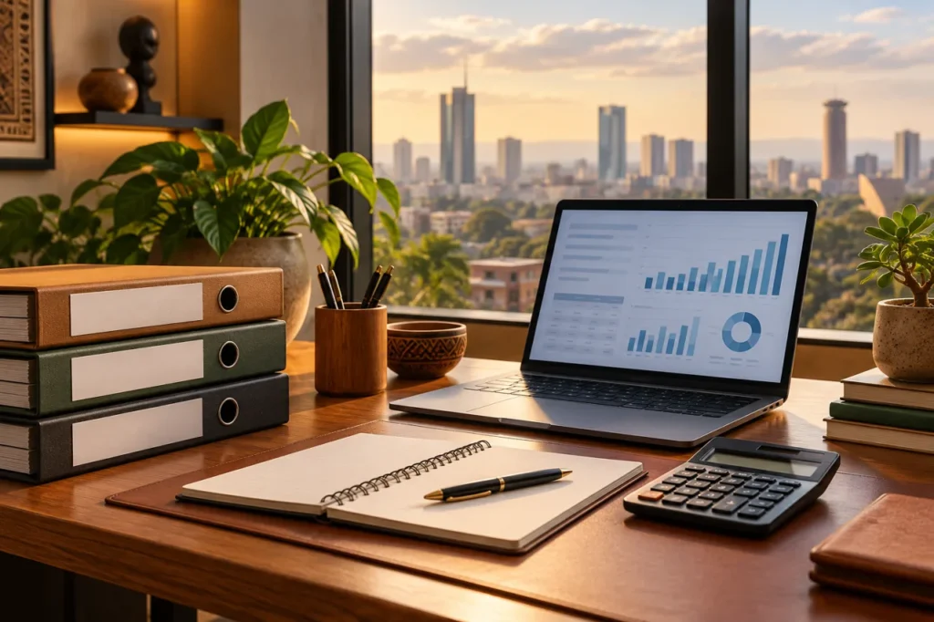 Kipkoech Mutati profile concept with a business planning desk