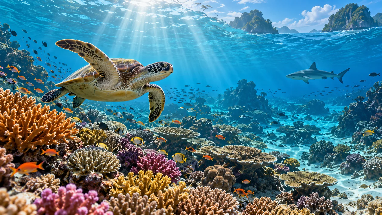Lucipara marine conservation concept with coral turtle and reef shark