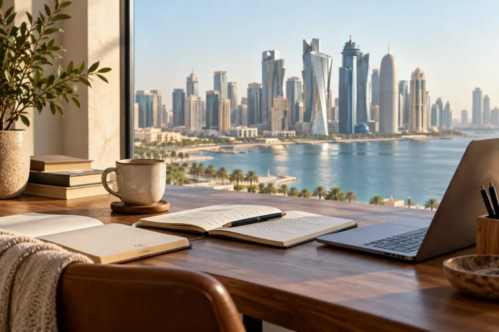 Misned Name Guide: Qatari Records, Spellings and Context Misned research concept with a desk and Doha-inspired skyline