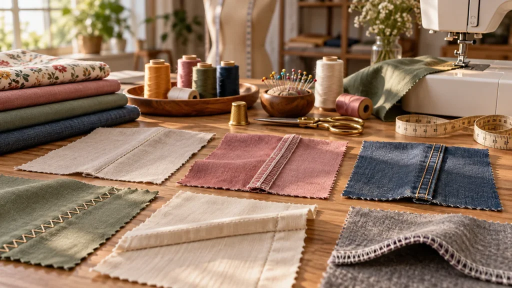 Nahttypen seam samples arranged in a sewing studio