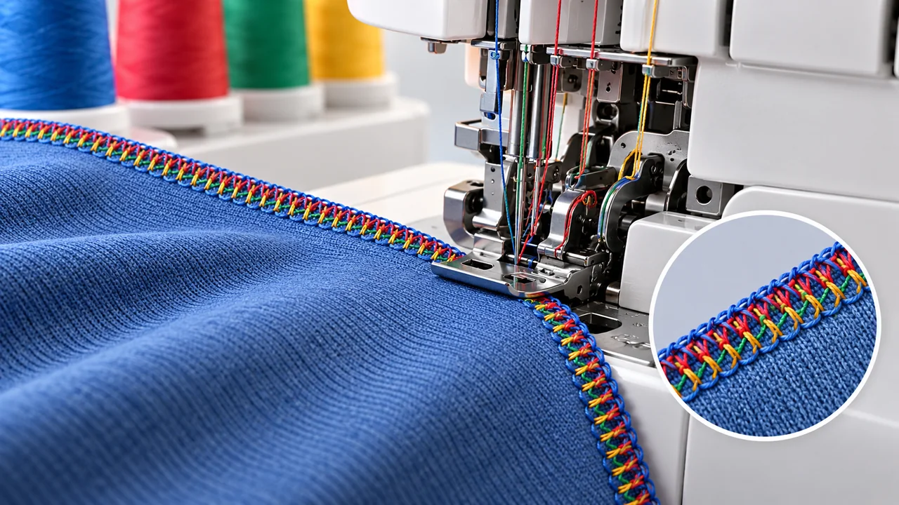 Nahttypen overedge seam being formed on stretch fabric