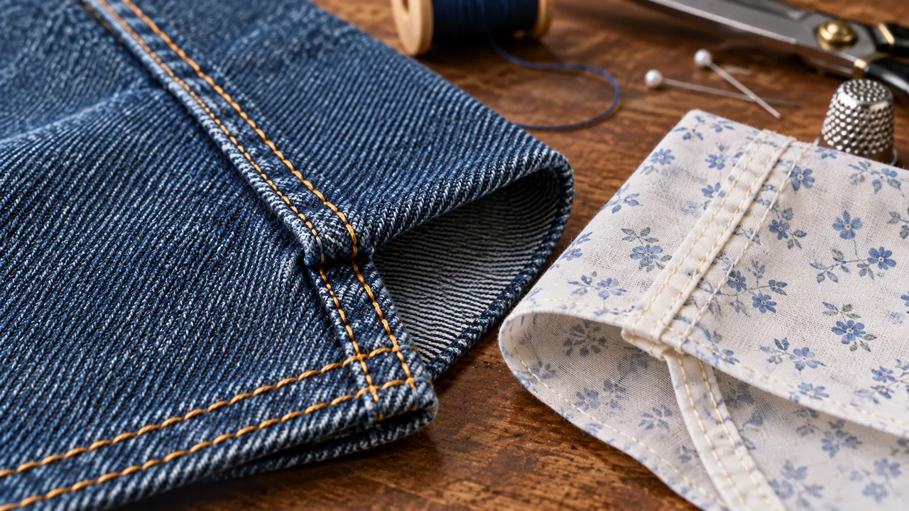 Nahttypen flat-felled denim and enclosed cotton seam details