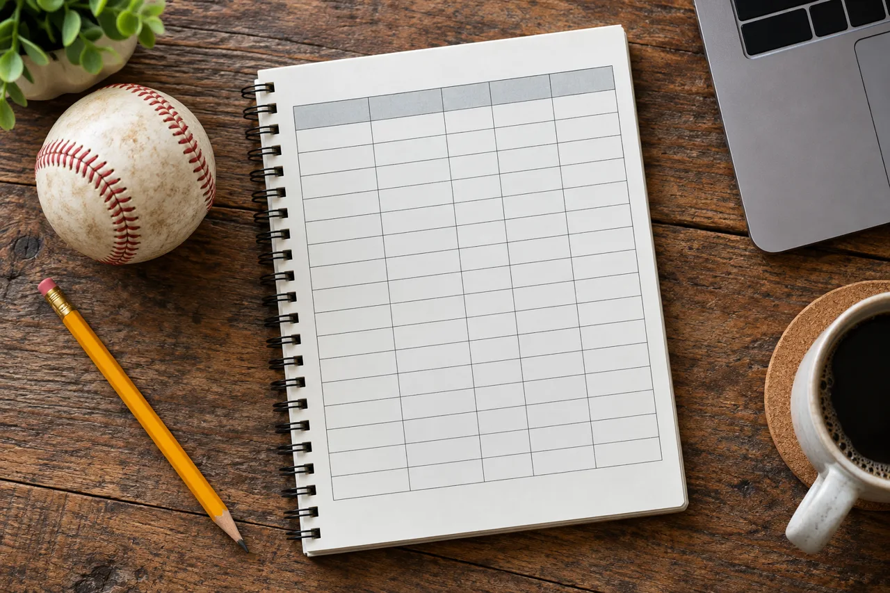 OnRoto league roster planning concept with notebook and baseball