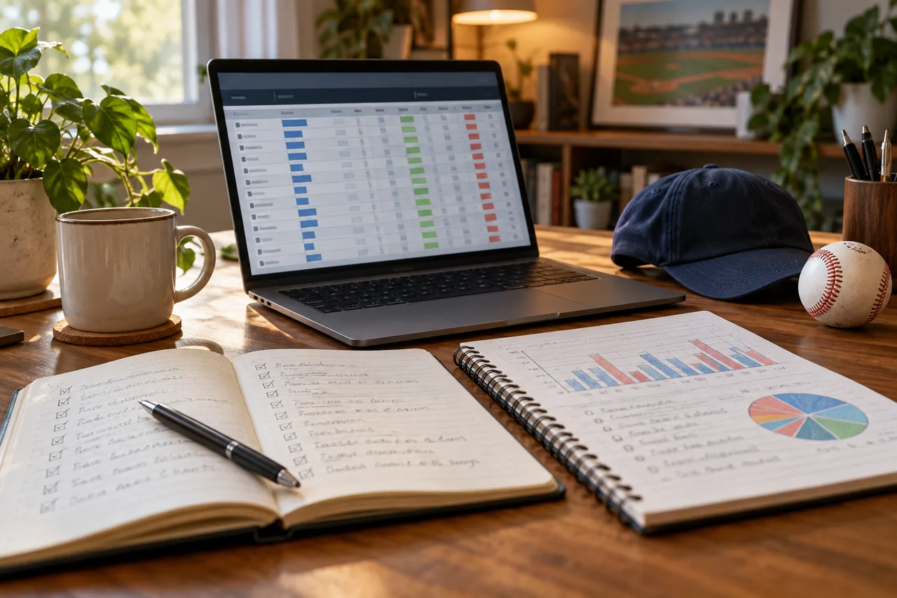OnRoto season review concept with standings and notebooks
