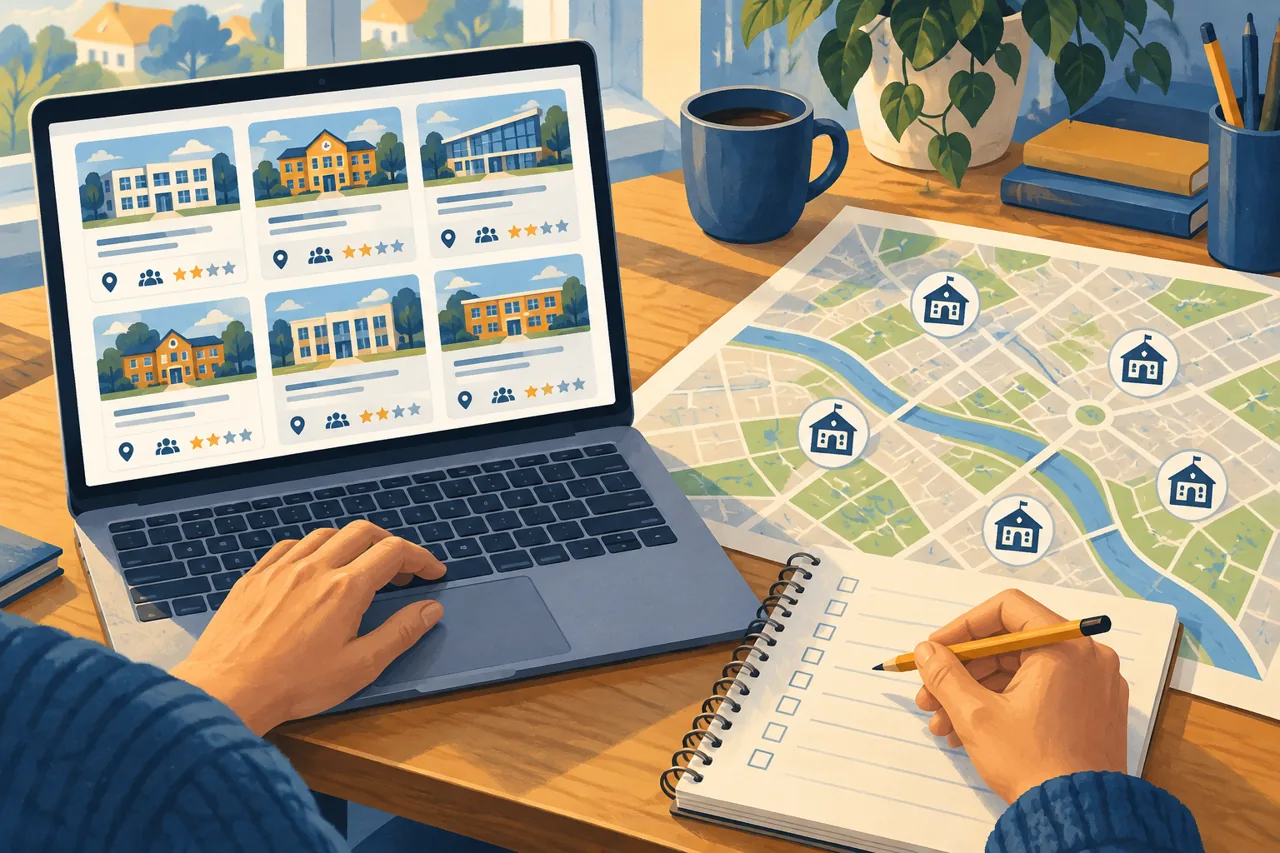osnovno uciliste school search concept with a parent comparing a directory and map