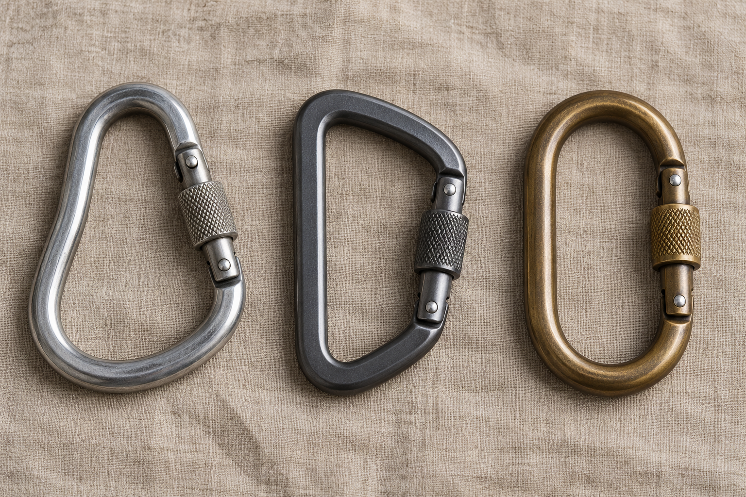 Climbing connector shapes Illustration of pear-shaped, D-shaped and oval connectors resting on linen
