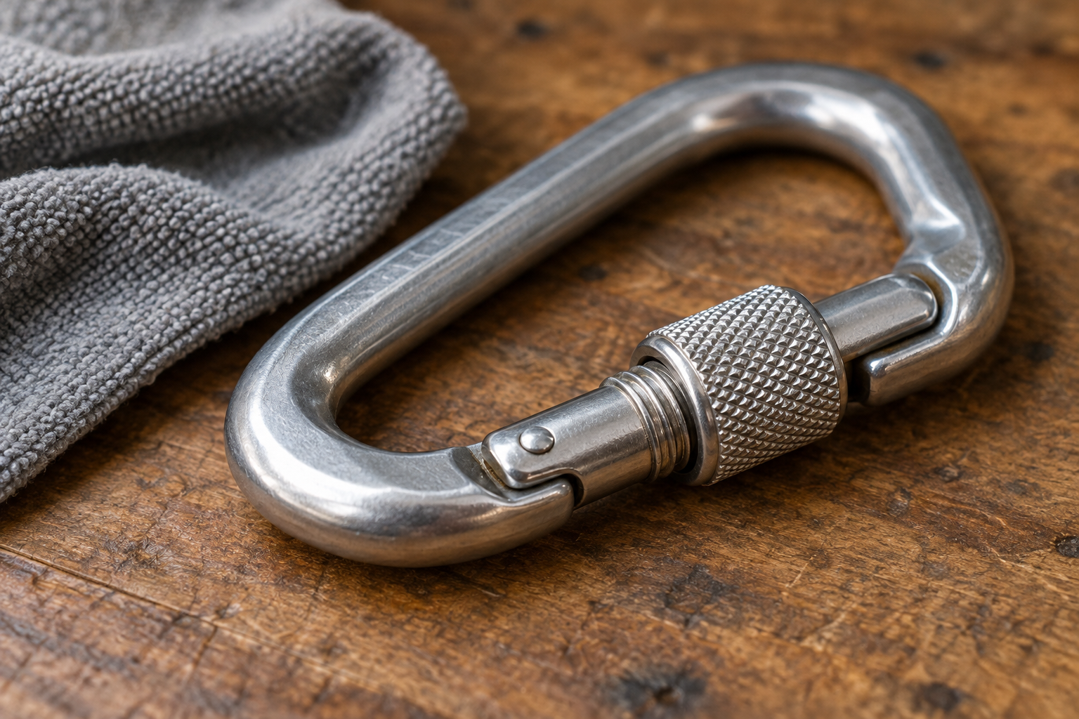 Carabiner locking sleeve detail Illustration of a screw-lock carabiner and cleaning cloth on a workbench