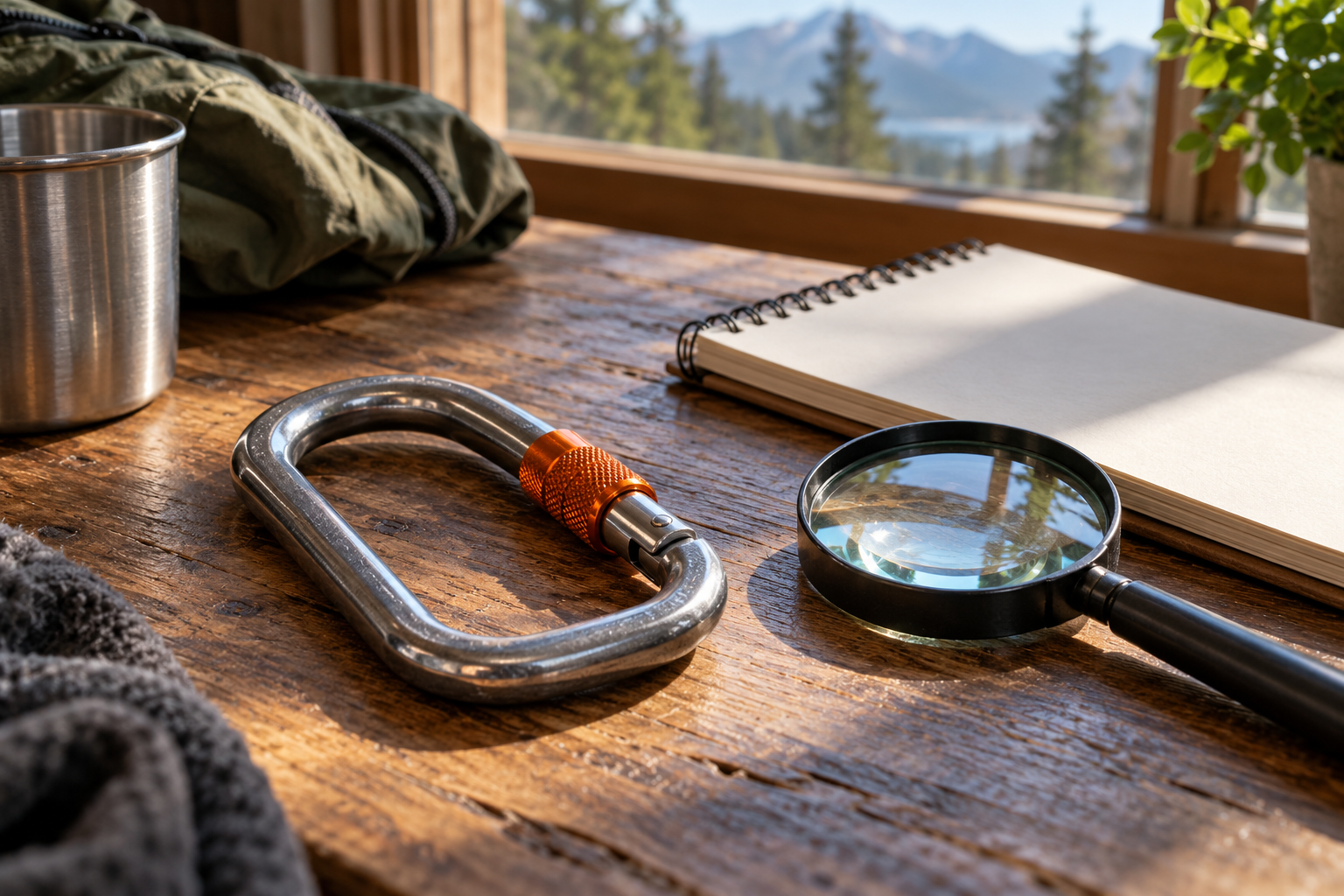 Checking outdoor equipment Illustration of a carabiner beside a magnifying glass and blank notebook