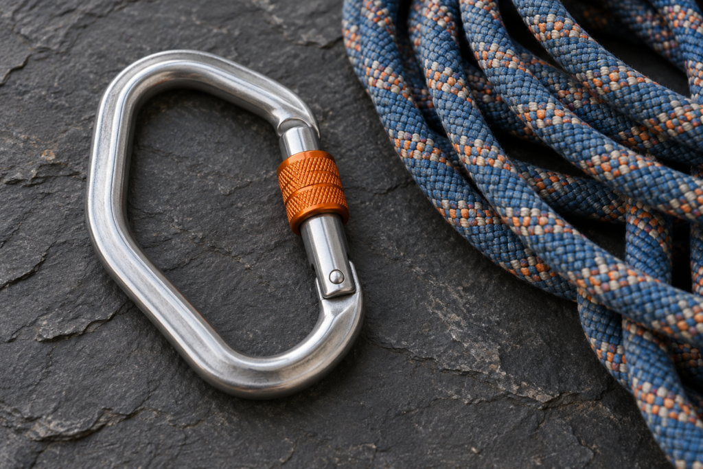 Pearabiner Explained: Meaning, HMS Shape and Gear Checks Illustration of a silver pear-shaped carabiner beside coiled climbing rope