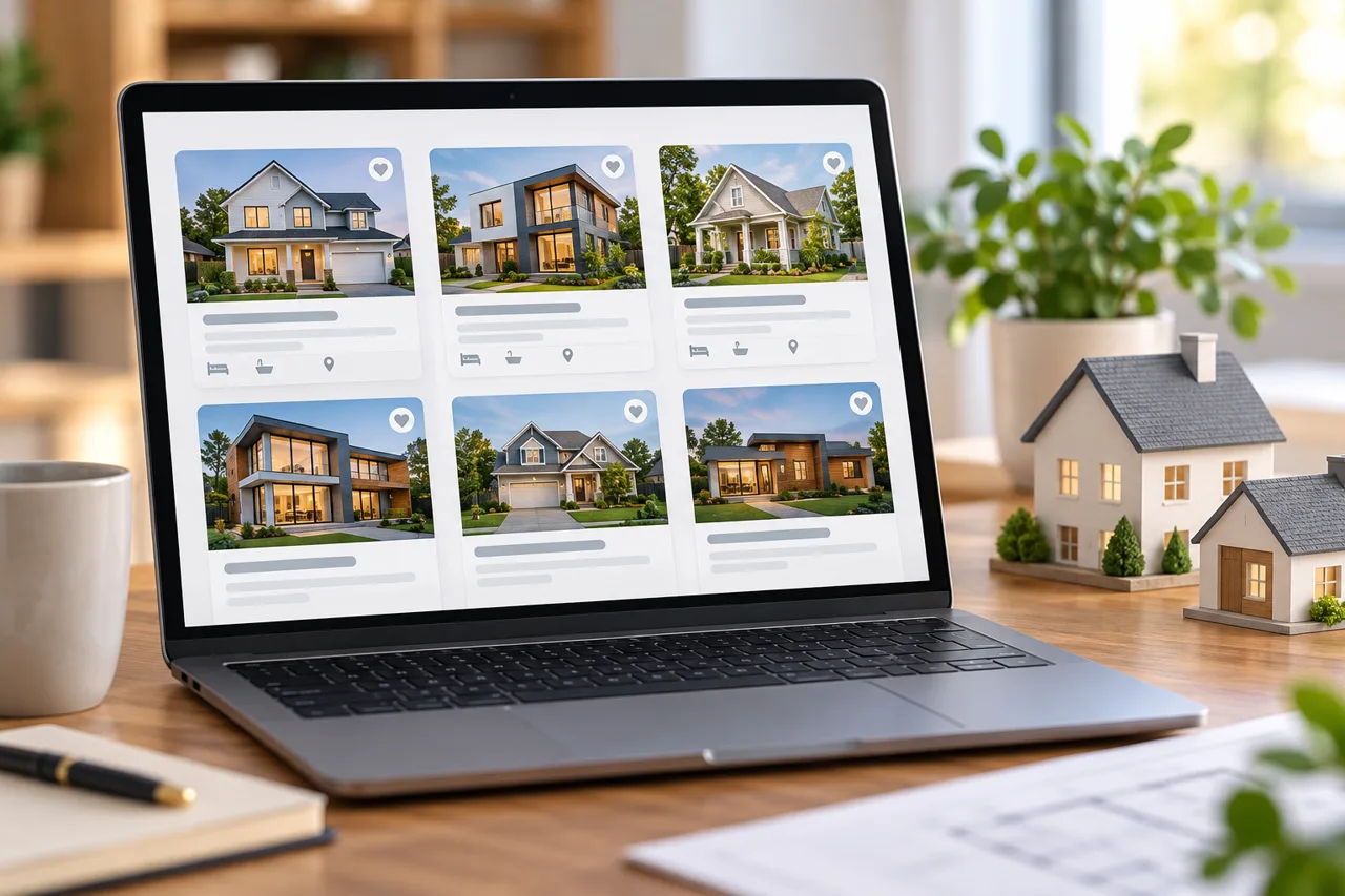 Pigeimmo prospecting concept with illustrative listings on a laptop
