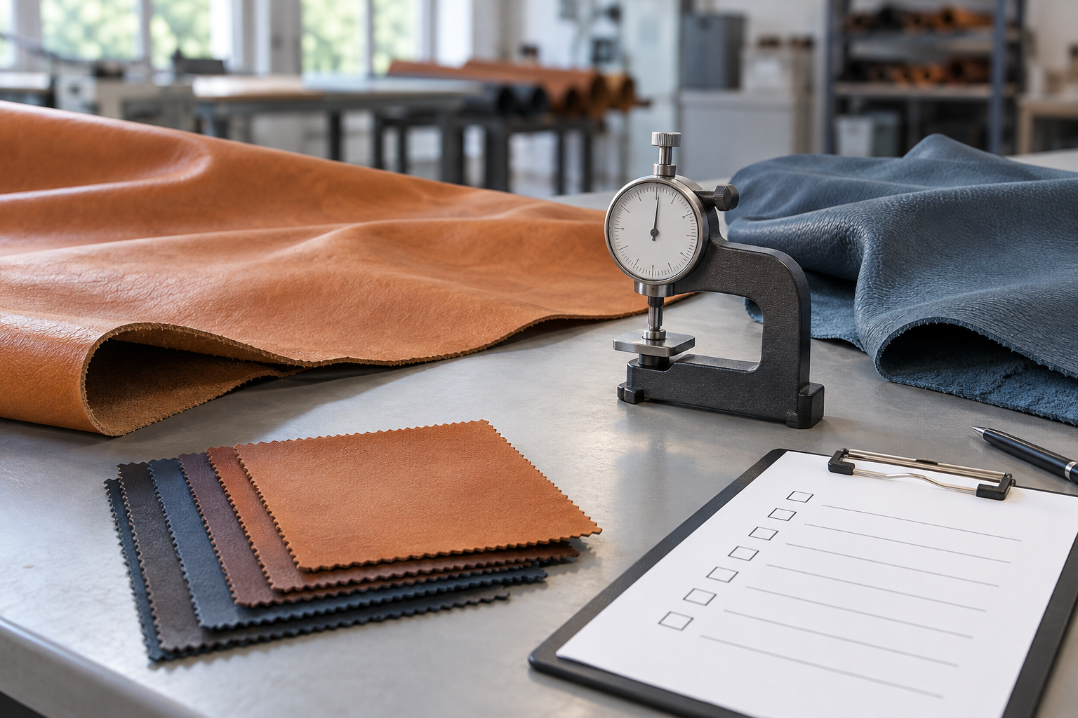 Illustration of leather samples beside a thickness gauge and checklist