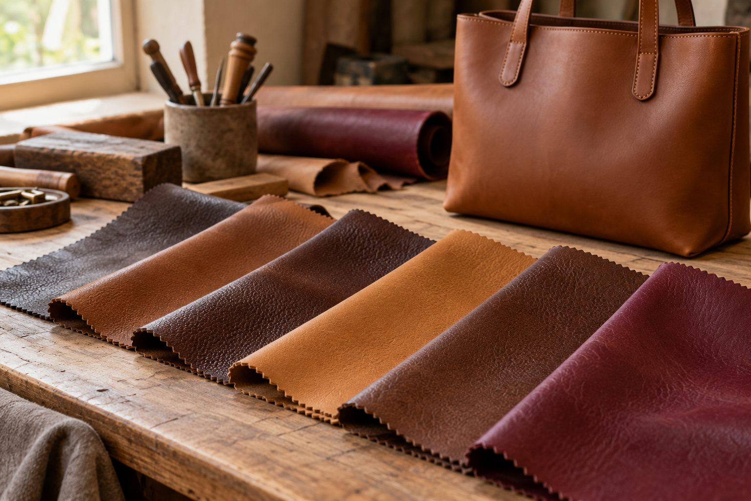 Illustration of finished leather swatches on a workshop table
