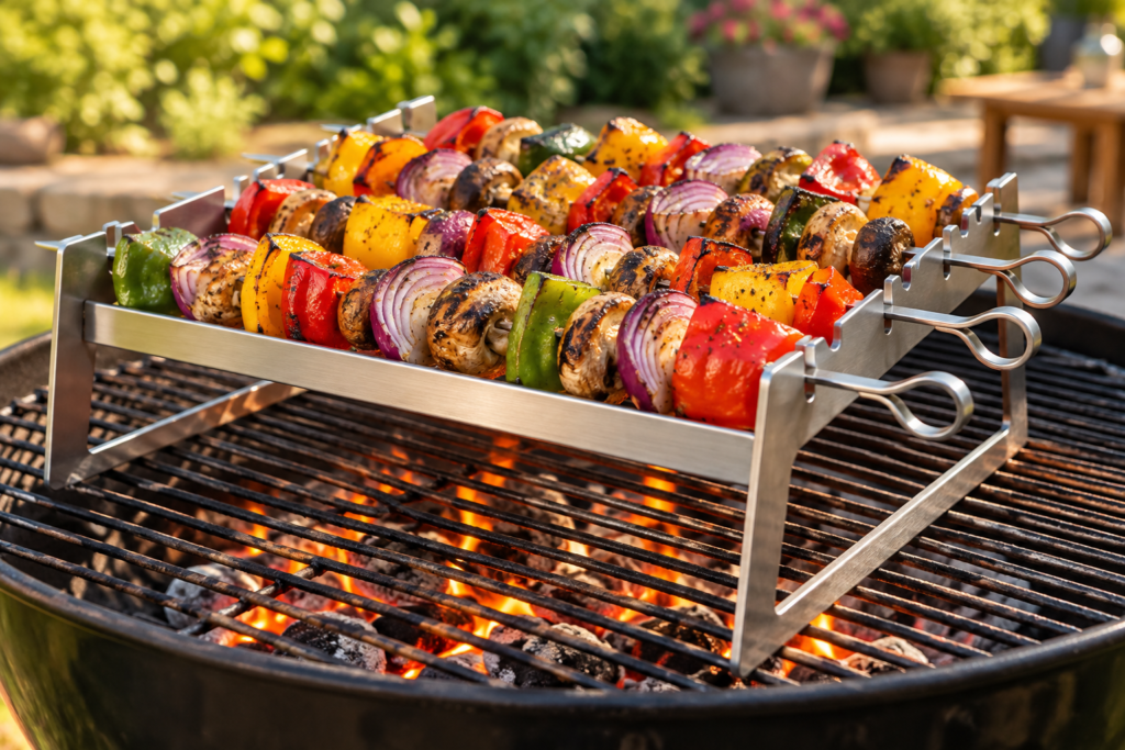 Illustration of vegetable skewers supported above a barbecue grate