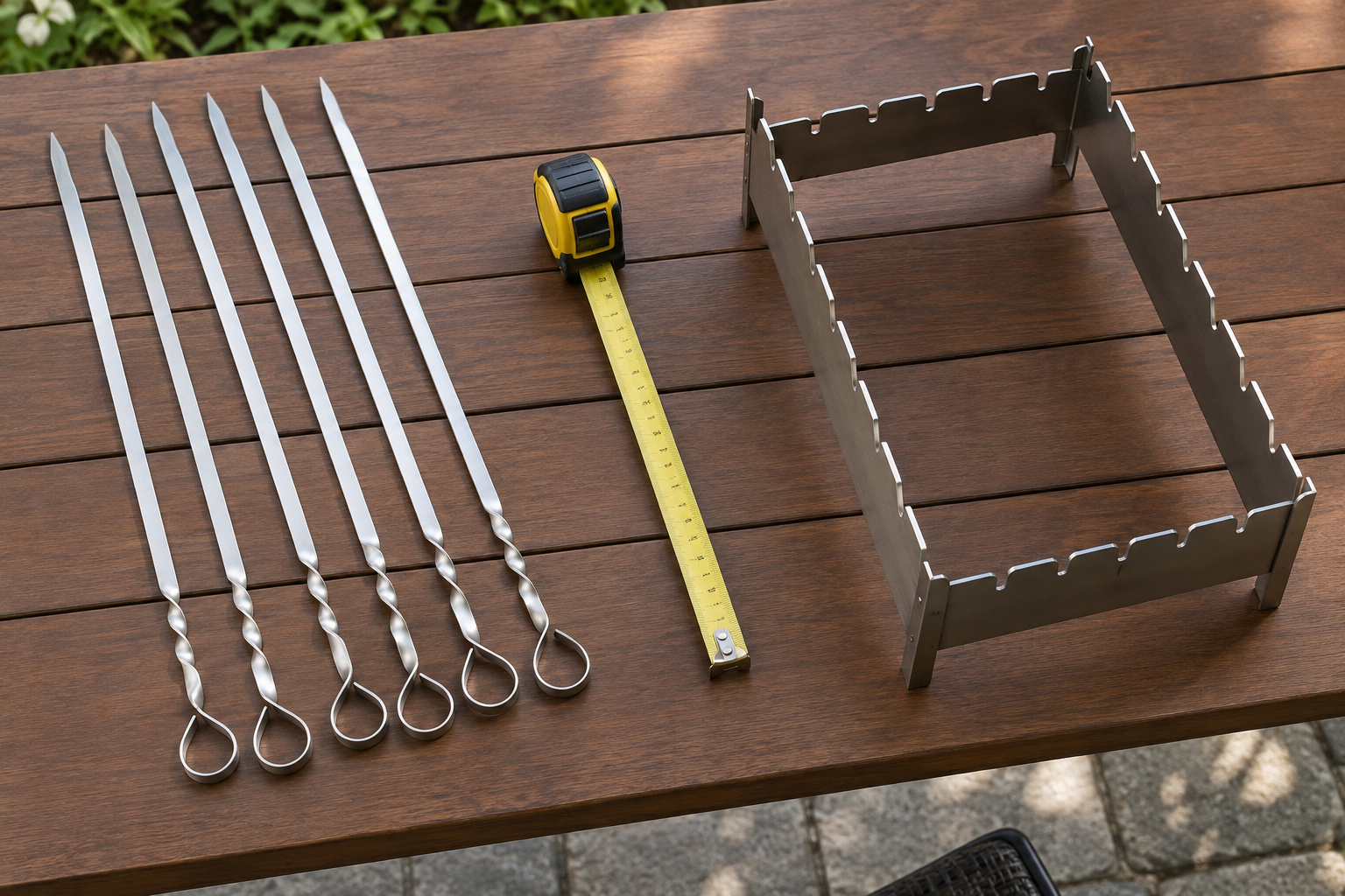 Illustration of a skewer rack, metal skewers and measuring tape