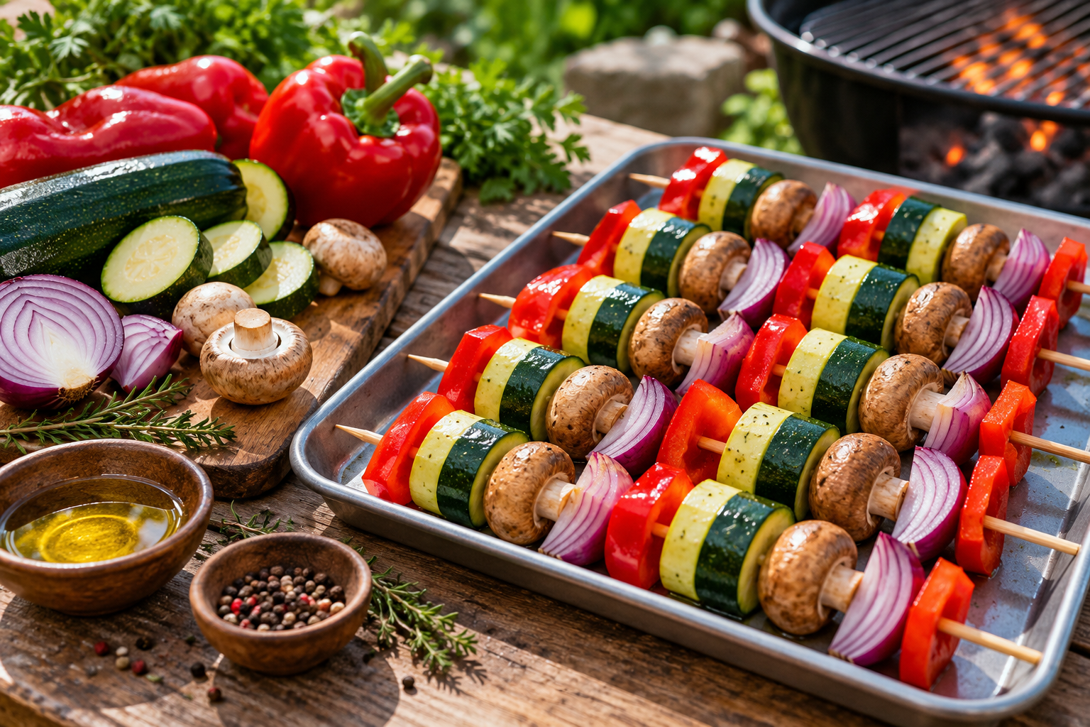 Illustration of evenly cut vegetables arranged on skewers