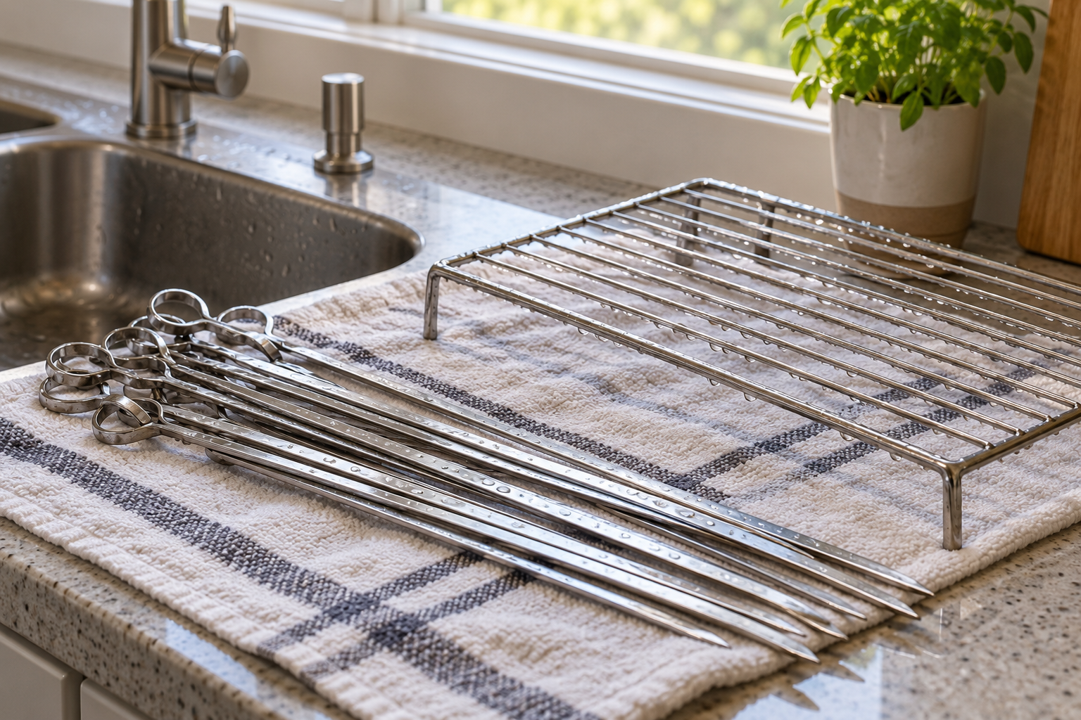 Illustration of clean skewers and a rack drying beside a kitchen sink