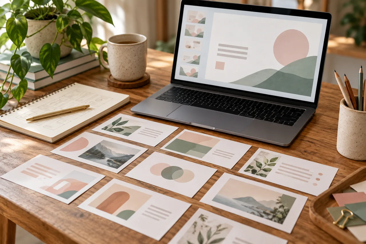 slidesmania lesson storyboard concept with laptop and paper slide cards