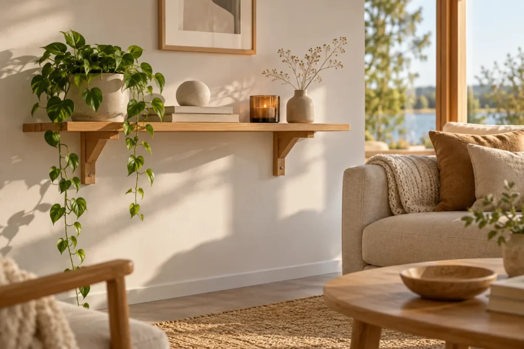 trallehylde styling concept with an oak shelf in a Scandinavian living room