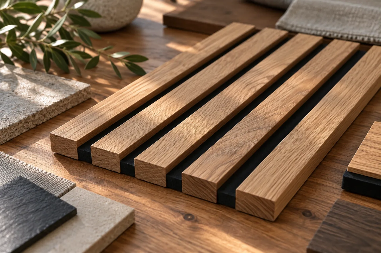 trallehylde material concept showing oak slats and black spacers