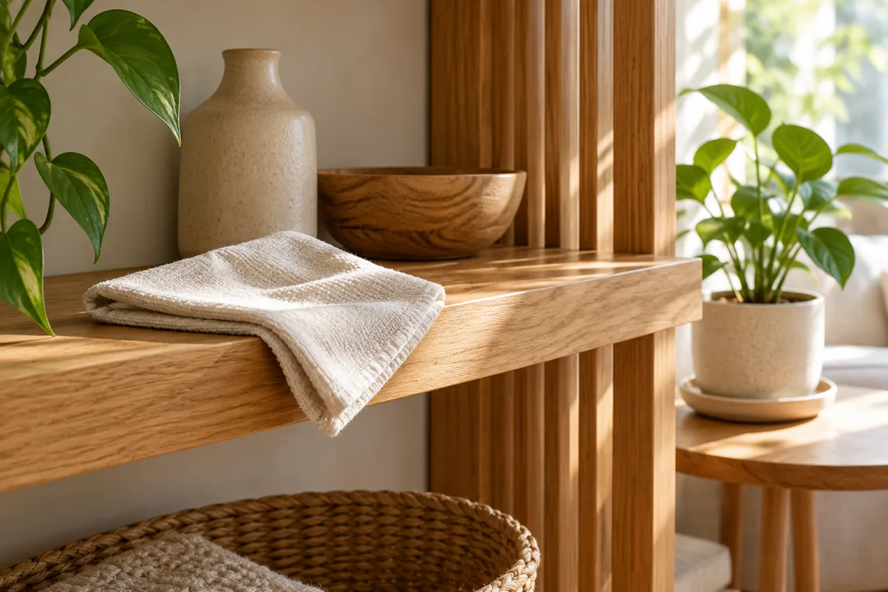 trallehylde wood-care concept with a cloth and nearby plant saucer