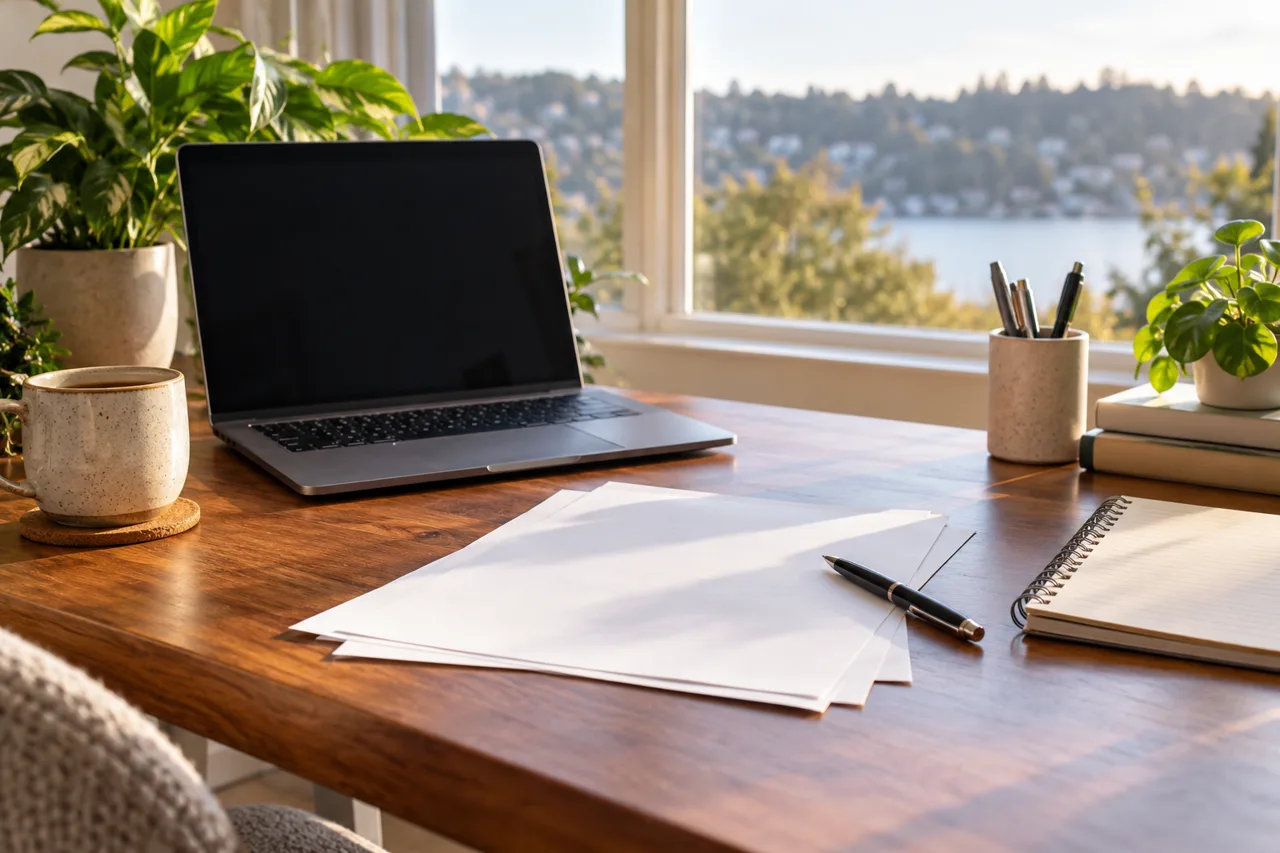 TuGuiaUSA job search preparation concept with resume papers and laptop