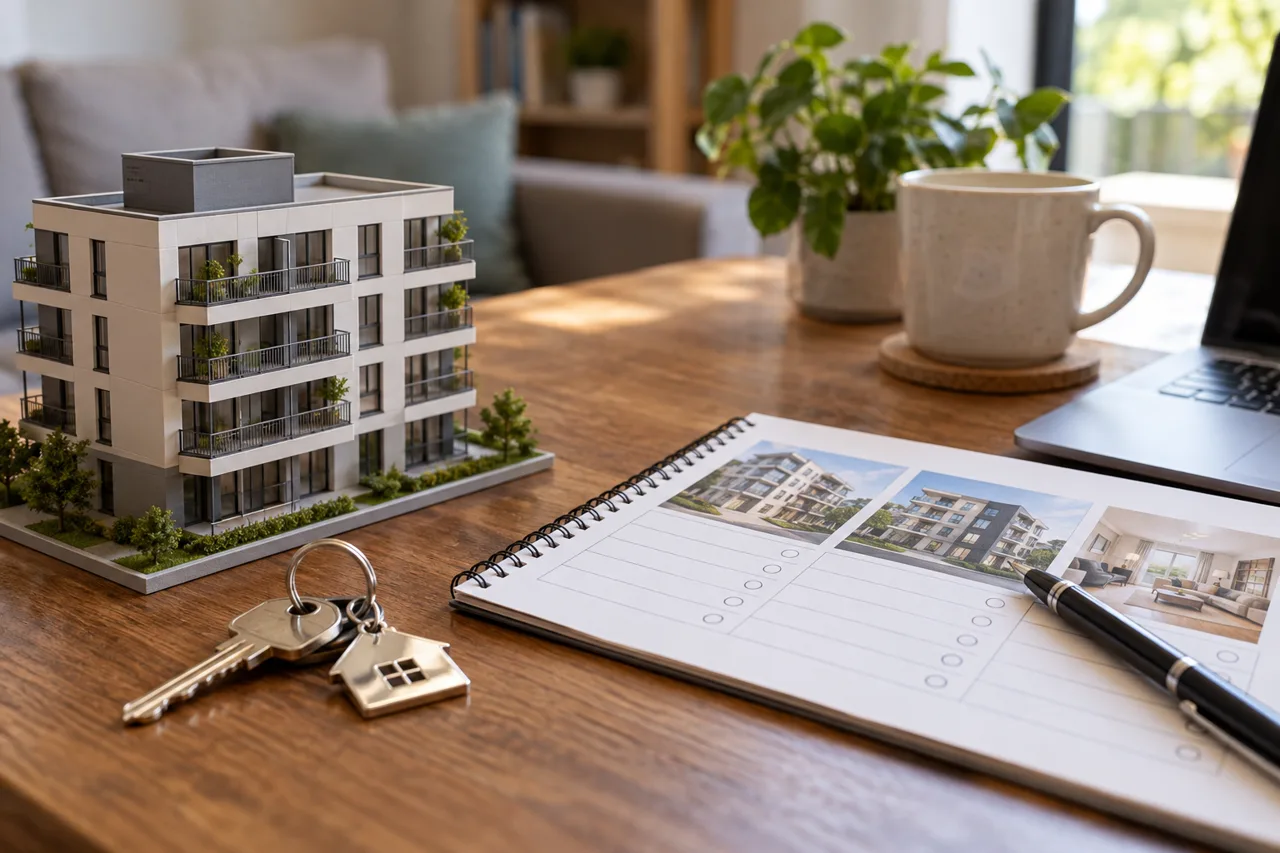 TuGuiaUSA housing search concept with keys and an apartment model