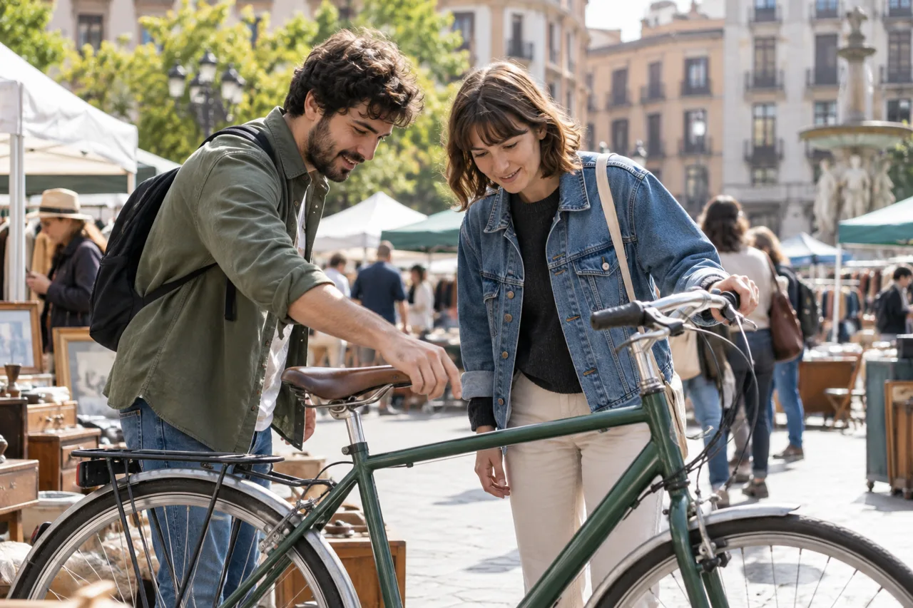 TuGuiaUSA local marketplace concept with adults inspecting a bicycle