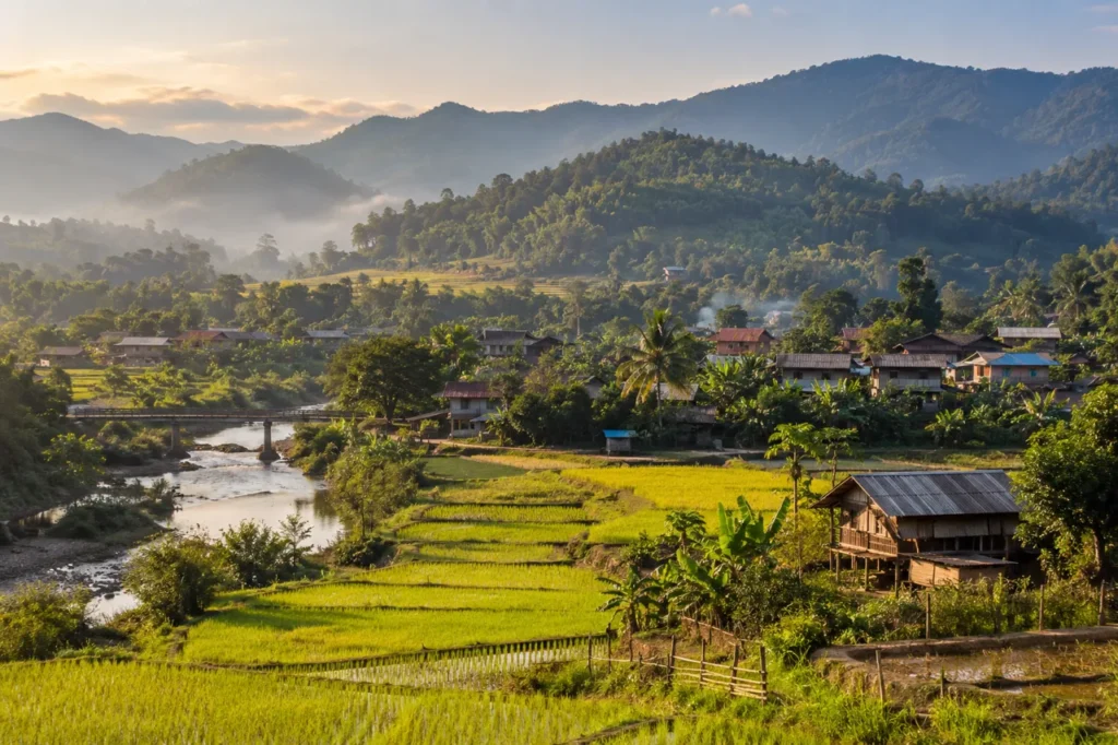 Tumbons Explained: Thai Subdistricts, Addresses and Local Life tumbons editorial illustration of a Thai village and rice fields