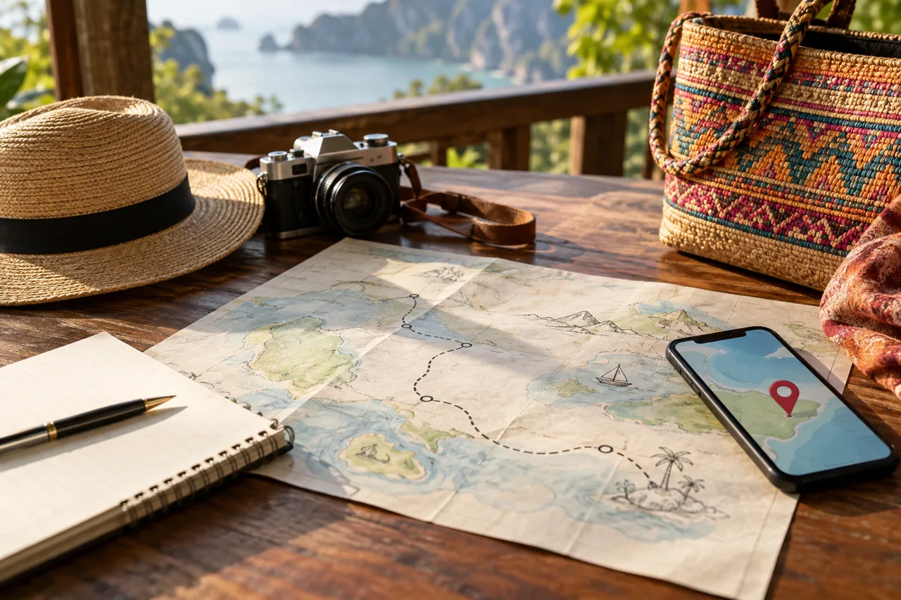 tumbons travel-planning concept with route notes and location pin