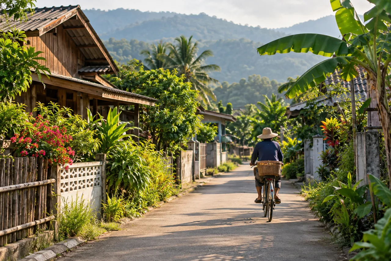 tumbons community illustration of a quiet Thai village lane