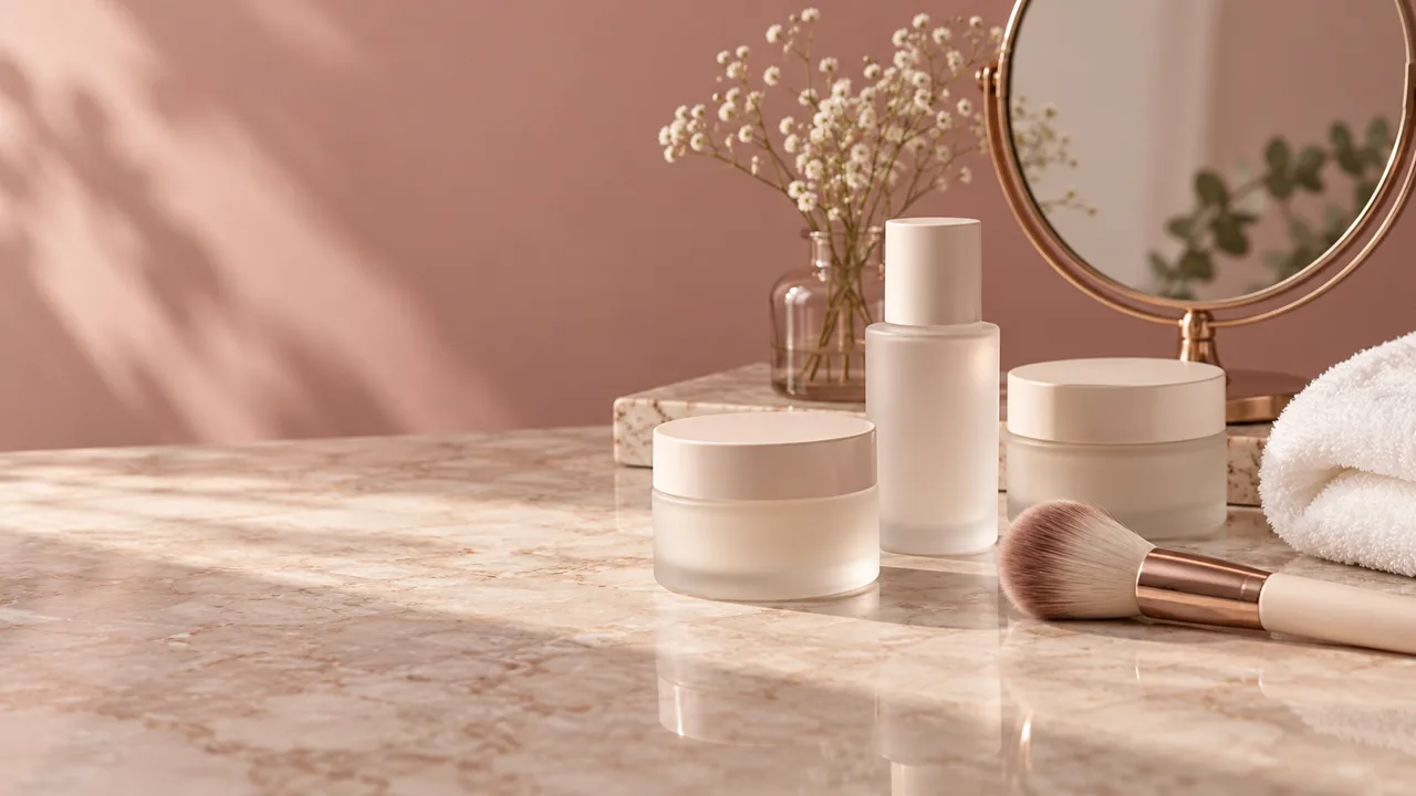 Unbranded beauty products and makeup brush on a vanity